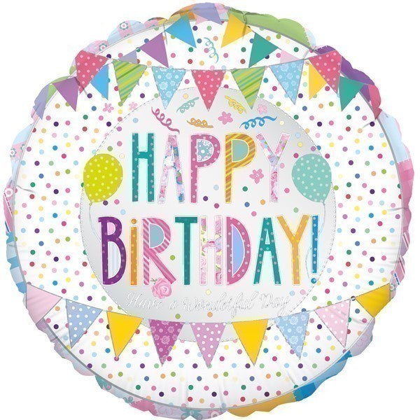 Happy Birthday Patchwork Round Helium Filled Balloon (Optional Helium Inflation)