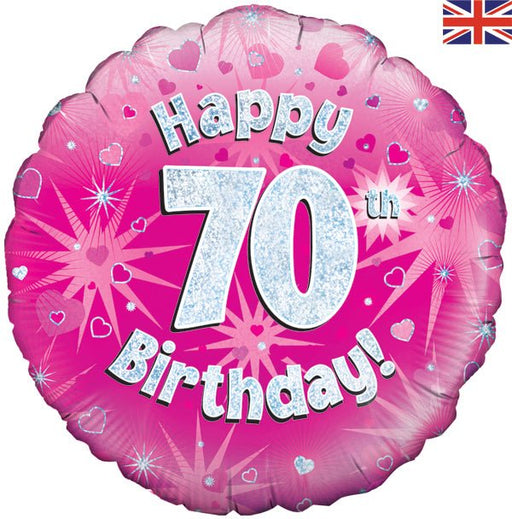 18" Happy 70th Birthday Pink Holographic Balloon (Inflated) - Sweets 'n' Things