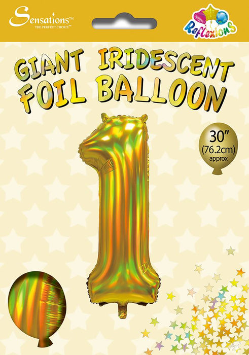 Gold Iridescent Number 1 Giant Foil Balloon 30" (Optional Helium Inflation)