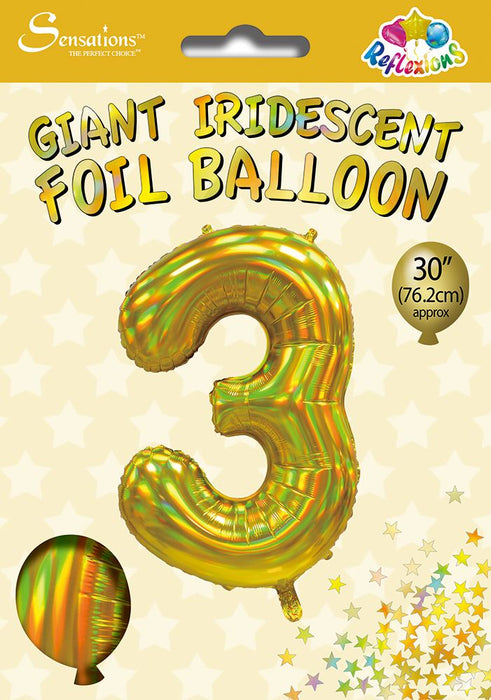 Gold Iridescent Number 3 Giant Foil Balloon 30" (Optional Helium Inflation)