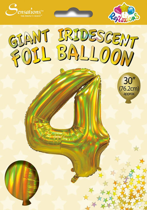 Gold Iridescent Number 4 Giant Foil Balloon 30" (Optional Helium Inflation)