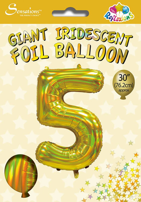 Gold Iridescent Number 5 Giant Foil Balloon 30" (Optional Helium Inflation)
