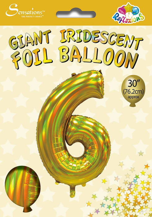 Gold Iridescent Number 6 Giant Foil Balloon 30" (Optional Helium Inflation)