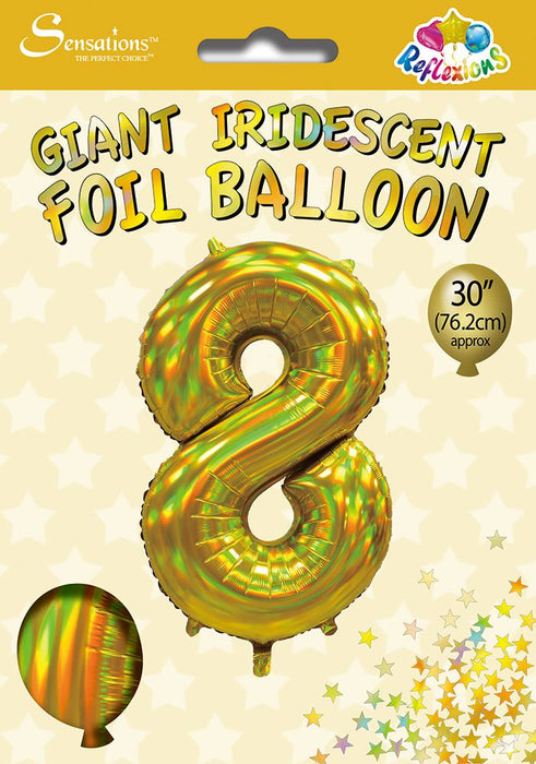 Gold Iridescent Number 8 Giant Foil Balloon 30" (Optional Helium Inflation)