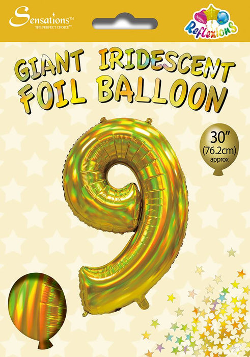 Gold Iridescent Number 9 Giant Foil Balloon 30" (Optional Helium Inflation)