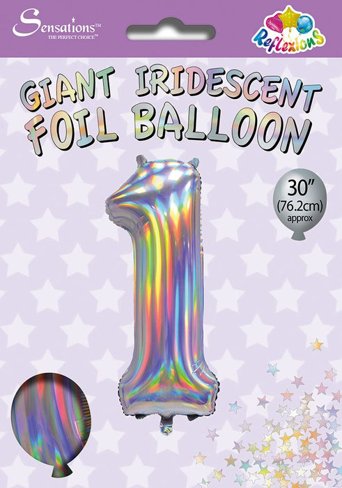 Silver Iridescent Number 1 Giant Foil Balloon 30" (Optional Helium Inflation)
