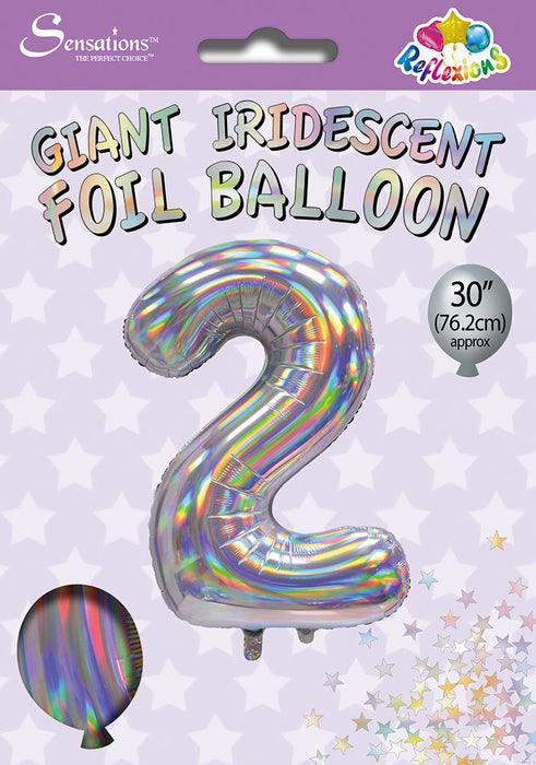 Silver Iridescent Number 2 Giant Foil Balloon 30" (Optional Helium Inflation)