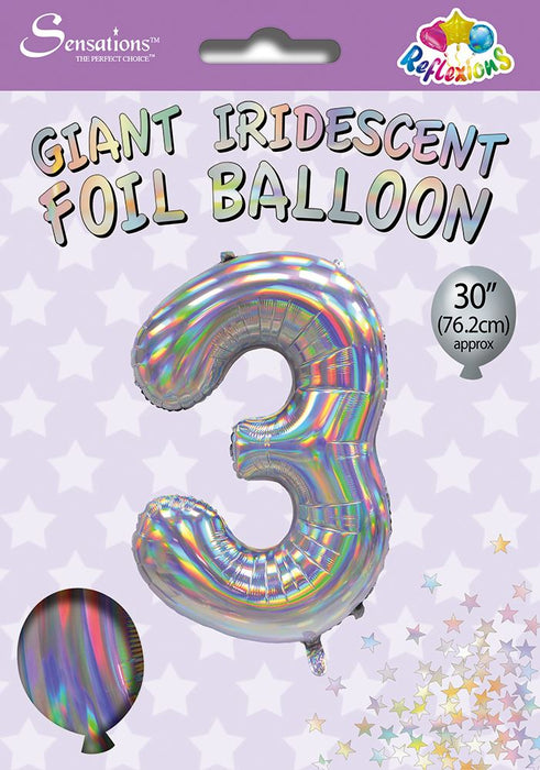 Silver Iridescent Number 3 Giant Foil Balloon 30" (Optional Helium Inflation)
