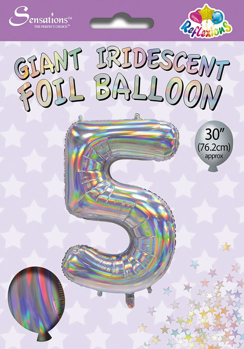 Silver Iridescent Number 5 Giant Foil Balloon 30" (Optional Helium Inflation)