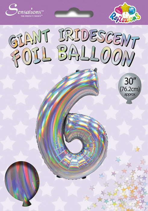 Silver Iridescent Number 6 Giant Foil Balloon 30" (Optional Helium Inflation)