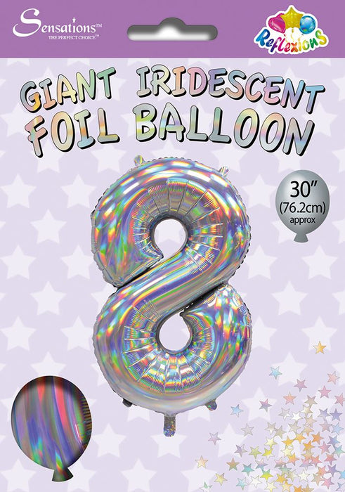 Silver Iridescent Number 8 Giant Foil Balloon 30" (Optional Helium Inflation)