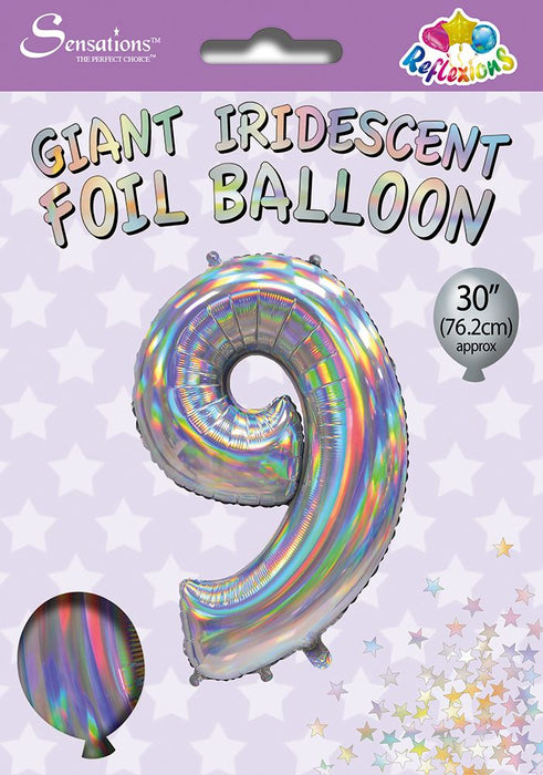 Silver Iridescent Number 9 Giant Foil Balloon 30" (Optional Helium Inflation)