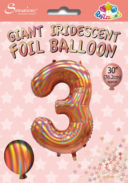 Rose Gold Iridescent Number 3 Giant Foil Balloon 30" (Optional Helium Inflation)