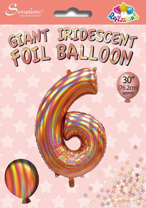 Rose Gold Iridescent Number 6 Giant Foil Balloon 30" (Optional Helium Inflation)