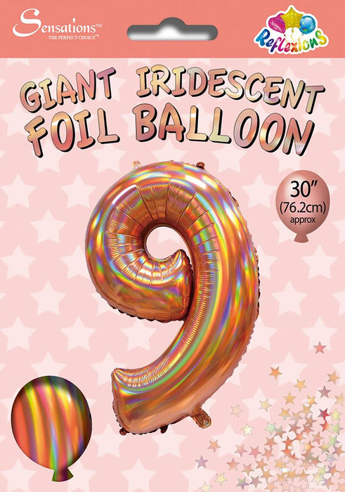 Rose Gold Iridescent Number 9 Giant Foil Balloon 30" (Optional Helium Inflation)