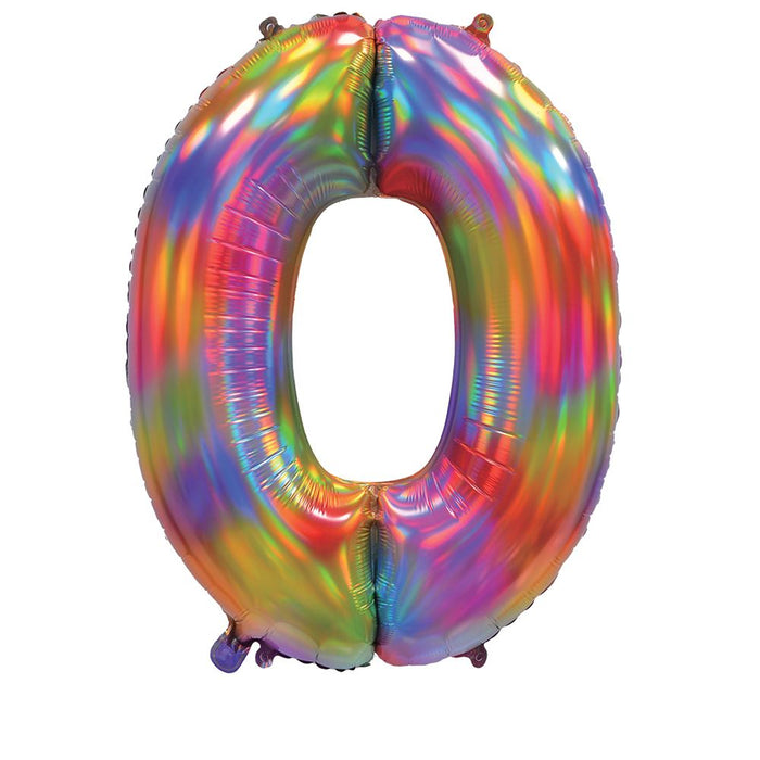 Rainbow Iridescent Number 0 Giant Foil Balloon 30" (Optional Helium Inflation)