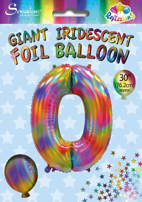Rainbow Iridescent Number 0 Giant Foil Balloon 30" (Optional Helium Inflation)