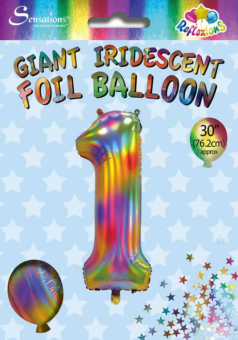 Rainbow Iridescent Number 1 Giant Foil Balloon 30" (Optional Helium Inflation)