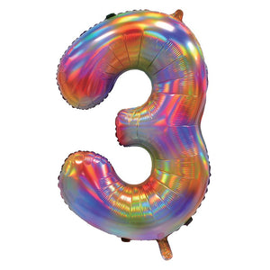 Rainbow Iridescent Number 3 Giant Foil Balloon 30" (Optional Helium Inflation)