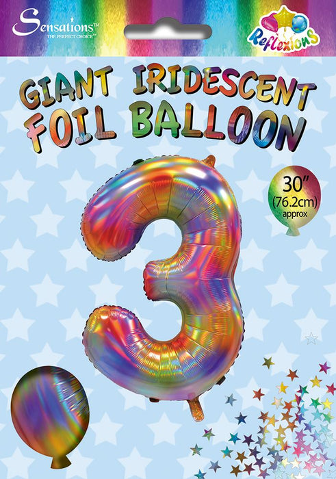 Rainbow Iridescent Number 3 Giant Foil Balloon 30" (Optional Helium Inflation)