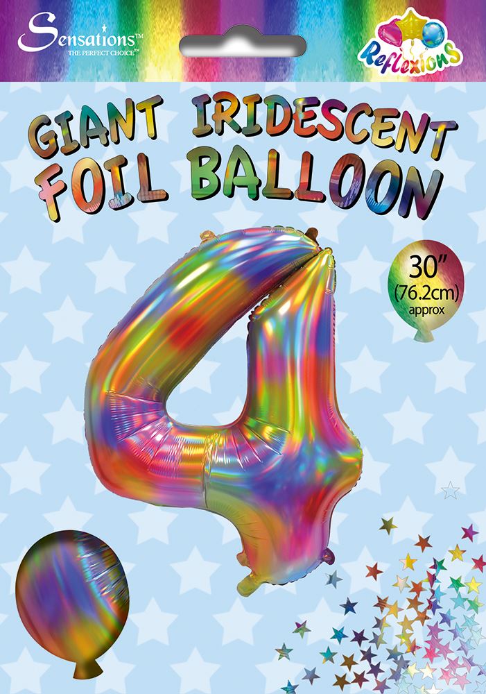 Rainbow Iridescent Number 4 Giant Foil Balloon 30" (Optional Helium Inflation)