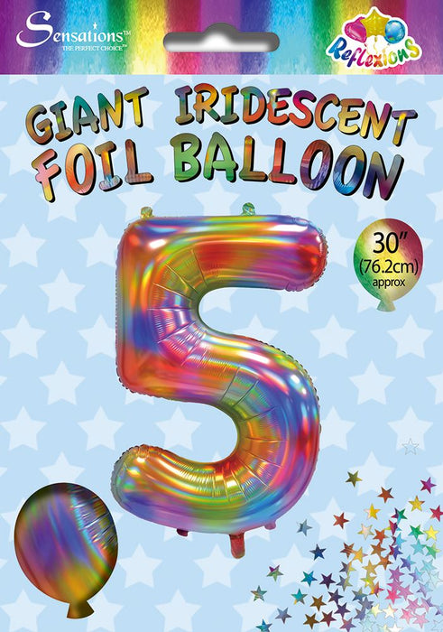 Rainbow Iridescent Number 5 Giant Foil Balloon 30" (Optional Helium Inflation)