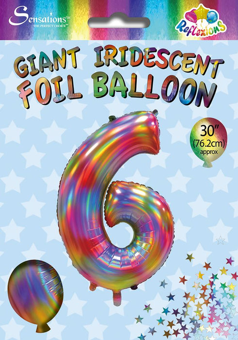 Rainbow Iridescent Number 6 Giant Foil Balloon 30" (Optional Helium Inflation)