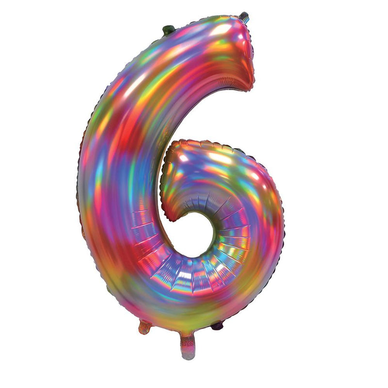 Rainbow Iridescent Number 6 Giant Foil Balloon 30" (Optional Helium Inflation)