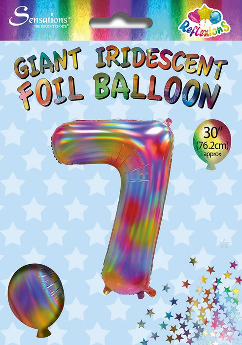 Rainbow Iridescent Number 7 Giant Foil Balloon 30" (Optional Helium Inflation)