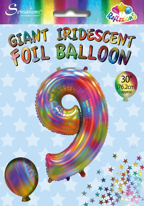 Rainbow Iridescent Number 9 Giant Foil Balloon 30" (Optional Helium Inflation)