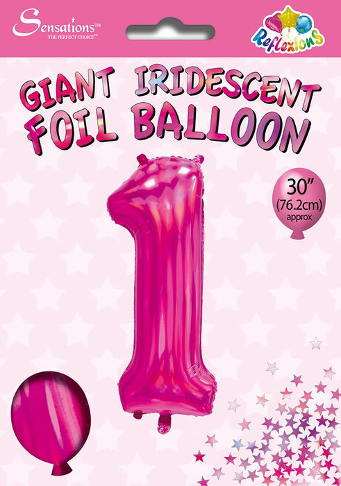 Pink Iridescent Number 1 Giant Foil Balloon 30" (Optional Helium Inflation)