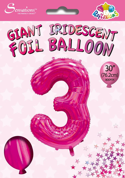 Pink Iridescent Number 3 Giant Foil Balloon 30" (Optional Helium Inflation)