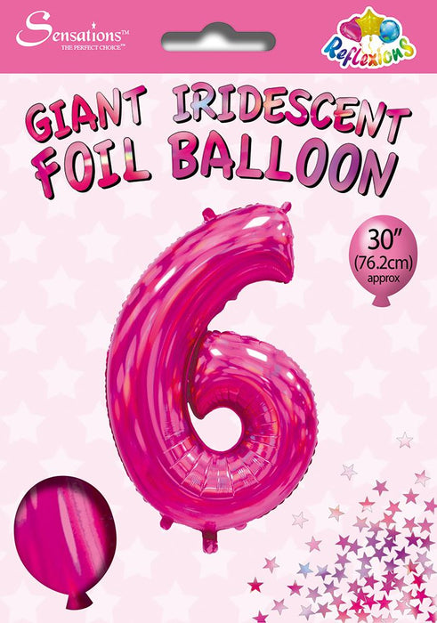 Pink Iridescent Number 6 Giant Foil Balloon 30" (Optional Helium Inflation)