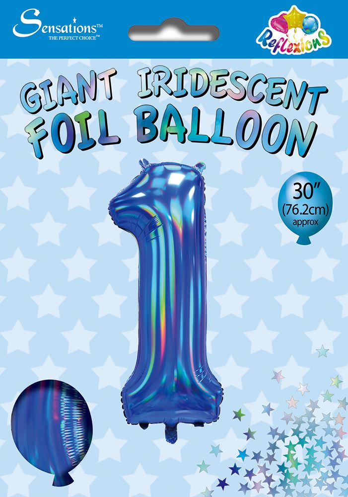 Blue Iridescent Number 1 Giant Foil Balloon 30" (Optional Helium Inflation)
