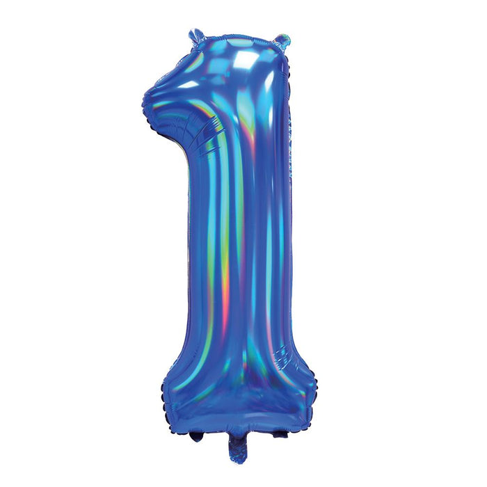 Blue Iridescent Number 1 Giant Foil Balloon 30" (Optional Helium Inflation)