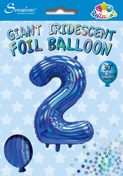 Blue Iridescent Number 2 Giant Foil Balloon 30" (Optional Helium Inflation)