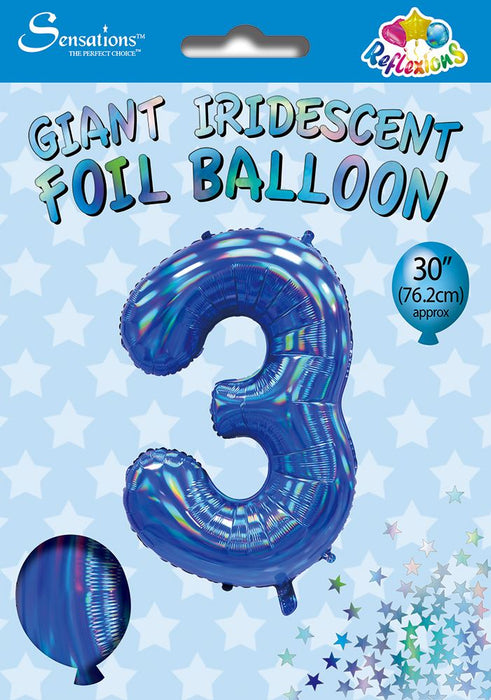 Blue Iridescent Number 3 Giant Foil Balloon 30" (Optional Helium Inflation)