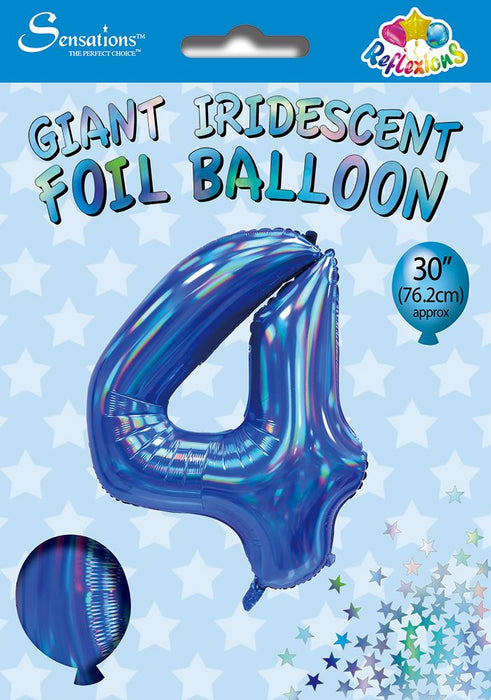 Blue Iridescent Number 4 Giant Foil Balloon 30" (Optional Helium Inflation)