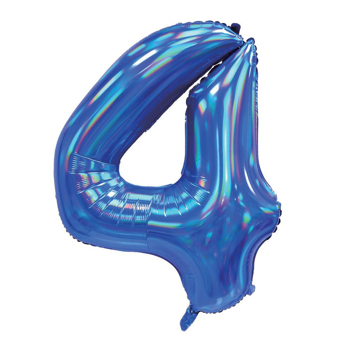 Blue Iridescent Number 4 Giant Foil Balloon 30" (Optional Helium Inflation)