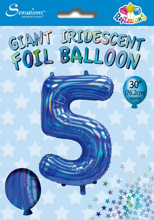 Blue Iridescent Number 5 Giant Foil Balloon 30" (Optional Helium Inflation)