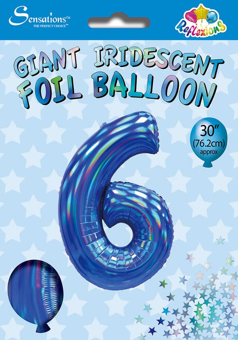 Blue Iridescent Number 6 Giant Foil Balloon 30" (Optional Helium Inflation)