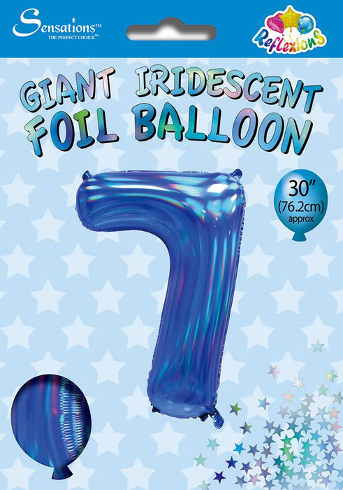 Blue Iridescent Number 7 Giant Foil Balloon 30" (Optional Helium Inflation)