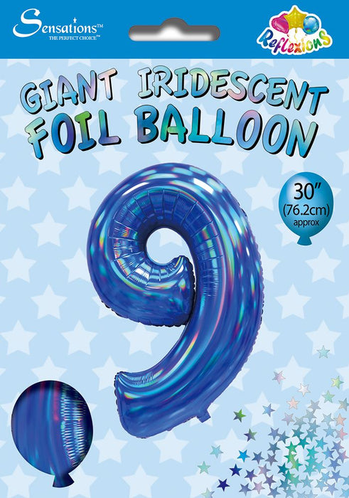 Blue Iridescent Number 9 Giant Foil Balloon 30" (Optional Helium Inflation)