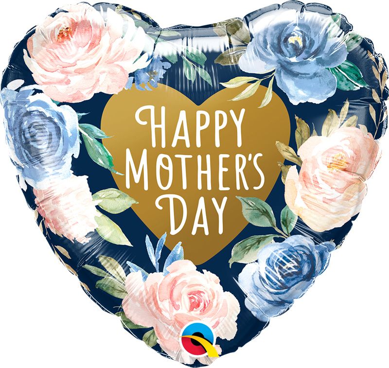 Happy Mothers Day Heart Pink And Blue Roses Foil Balloon (Optional Helium Inflation)