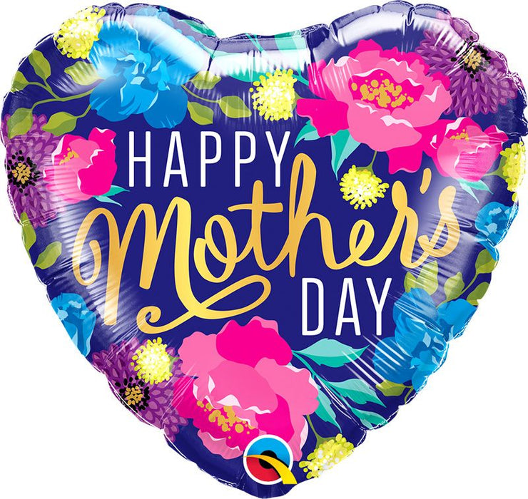 Happy Mothers Day Heart Colourful Peonies Foil Balloon (Optional Helium Inflation)
