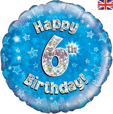 Happy 6th Birthday Blue Holographic 18" Balloon (Optional Helium Inflation)