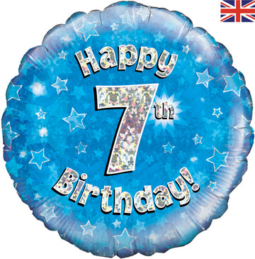 Happy 7th Birthday Blue Holographic 18" Balloon (Optional Helium Inflation)
