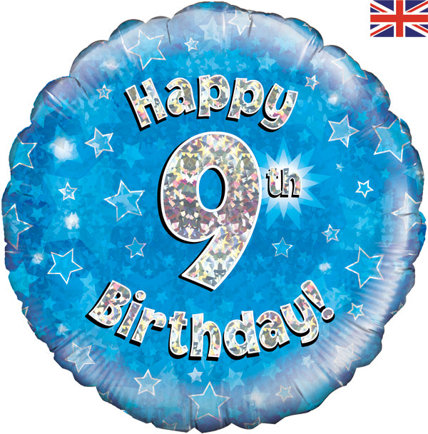 Happy 9th Birthday Blue Holographic 18" Balloon (Optional Helium Inflation)