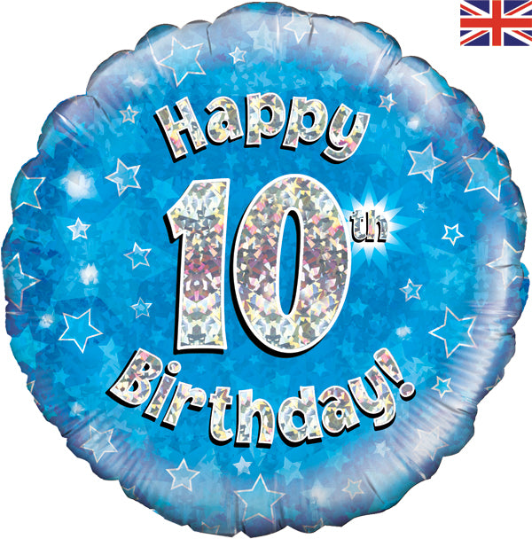 Happy 10th Birthday Blue Holographic 18" Balloon (Optional Helium Inflation)