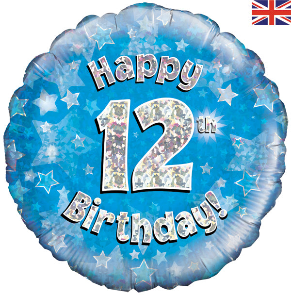 Happy 12th Birthday Blue Holographic 18" Balloon (Optional Helium Inflation)